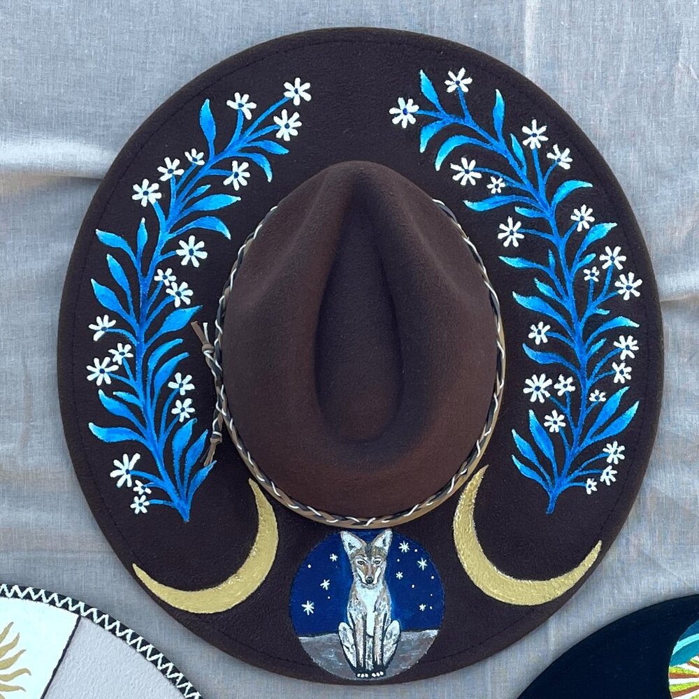 One of a Kind Fedora Felt Hat Wearable Art Coyote Desert Flowers - wide brim